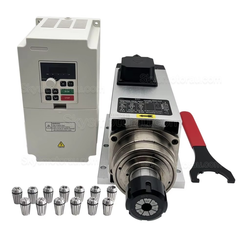 4.5KW VFD Spindle Kit JGF-60-24Z/4.5 + H100-5.5S2/T4 Indc. Air Cooled Spindle Motor + Variable Frequency Drive + 13Pcs ER32 Collet
